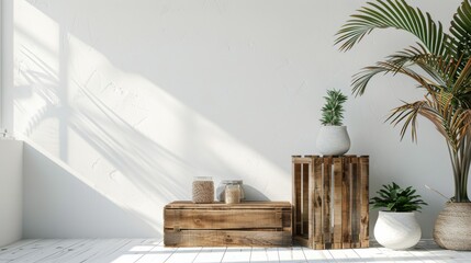 Rustic wooden crate podium in a clean, white space, ideal for organic product displays.