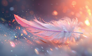   A tight shot of a white feather against a backdrop of blue and pink The surrounding area subtly blurred, creating a soft, ethereal bokeh of light