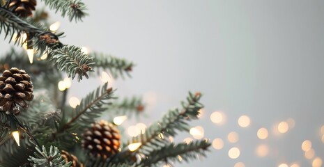   A tight shot of a pine tree laden with numerous pine cones, backdrop featuring a string of lights