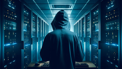 a hacker or cyber-stalker in a dark hoodie, standing in a room filled with high-tech computer equipment, with a mood of mystery and cyber intrigue.