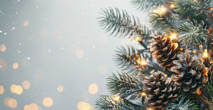   A tight shot of a pine cone against a Christmas tree, surrounded by a bouquet of twinkling lights in the background