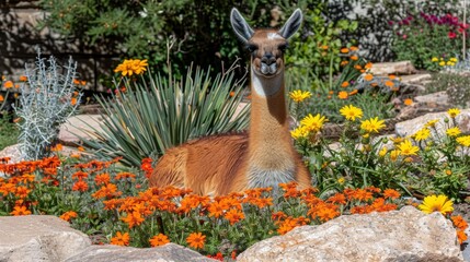 Fototapeta premium An antelope rests in a floral field, surrounded by rocks and a bush of orange and yellow blooms