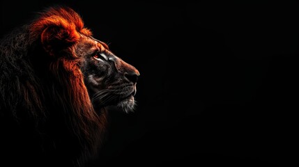   A tight shot of a lion's head against a black backdrop, illuminated by a nearby light