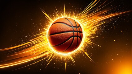 Basketball banner with cool sparks and neon on a yellow-orange background