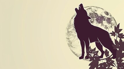   A wolf silhouette atop a tree branch, moon's full glow behind, leaves in foreground