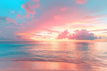   The sun sets over the ocean, cloud-specked sky above, beach beyond the water - obrazy, fototapety, plakaty