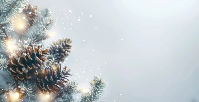   A near view of a pine tree heavily coated in snow, adorned with numerous lights