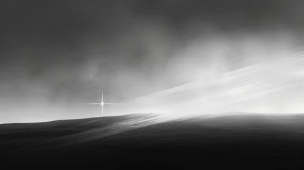Foto op Canvas   A monochrome image of a cross atop a hill against a backdrop of cloud-filled sky © Jevjenijs