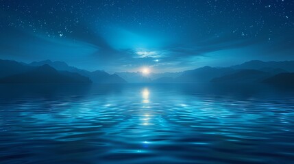   A vast water body, encircled by mountains, lies under a starlit sky, culminating in a distant, radiant beacon