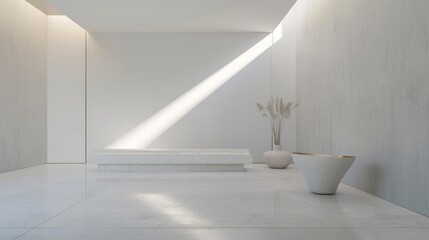 Slim, tall podium in a minimalist white gallery space, elegant and understated. - obrazy, fototapety, plakaty