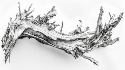   A black-and-white image of a wood split in two, resembling driftwood - obrazy, fototapety, plakaty