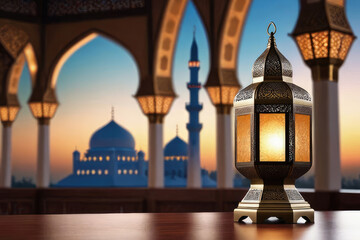 Minimalist Islamic backdrop with vintage arabic lantern in the night, theme of Hari Raya, Eid Mubarak, Eid al Adha.