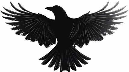   A black silhouette of a bird with spread wings against a white background