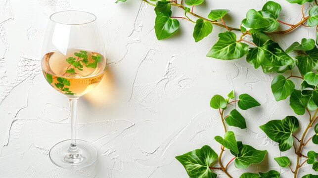   A glass of wine atop a white table, nearby sits a vibrant green plant with leafy foliage