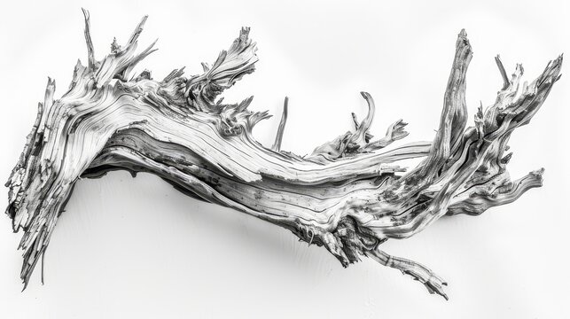   A black-and-white image of a wood split in two, resembling driftwood