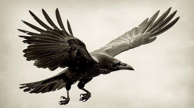  A black-and-white image of a bird flying, wings spread widely