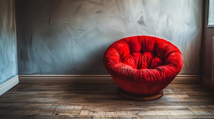   A red chair sits atop a hardwood floor, adjacent to a wall concealing a painting - obrazy, fototapety, plakaty