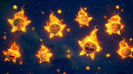 A constellation of fire emojis in a starry sky, each star a symbol of radiant energy and power, crafted in a simple 3D cartoon aesthetic