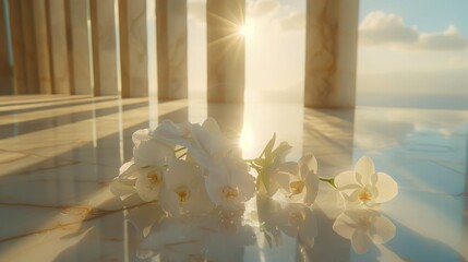   A collection of white blooms rests atop a marble floor, juxtaposed before a grand pillar boasting columns - obrazy, fototapety, plakaty