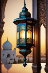Minimalist Islamic backdrop with vintage arabic lantern in the night, theme of Hari Raya, Eid Mubarak, Eid al Adha. - 791028175