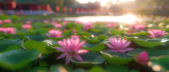 Foto op Canvas   A tranquil pond teems with water lilies, sunlit backdrop, building beyond © Jevjenijs