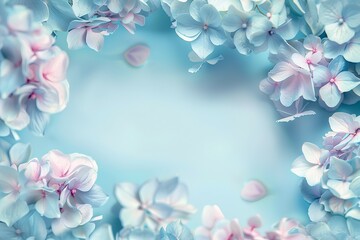 Flower frame of Ocean blue hydrangeas on a tranquil aqua background, Soft Spring Background with Copy Space