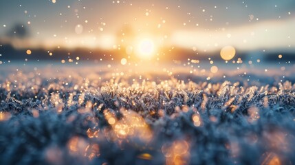   The sun shines brightly behind a field of grass crowned with snowflakes - obrazy, fototapety, plakaty