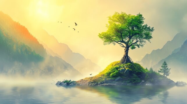   A tree painting on an island in a water body Background includes mountains