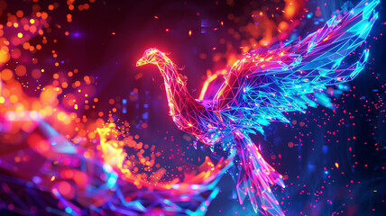 A digital phoenix in neon flames, rising from low poly ashes to symbolize the rebirth of communication technologies - obrazy, fototapety, plakaty