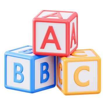 Colorful 3D alphabet blocks A, B, C on transparent background