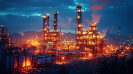 Fototapeta premium Industrial oil refinery night towers smoke petrochemical plant factory production line facility infrastructure industry energy manufacturing
