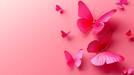 Fototapeta na wymiar A group of pink butterflies flying around against a solid pink background