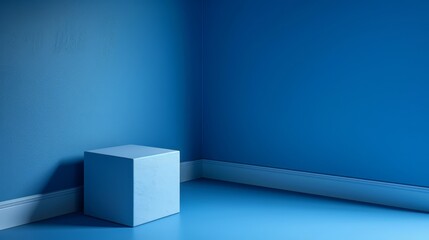   A white cube rests in a room corner, adjacent to a blue-painted wall, and sits atop a white base on the floor