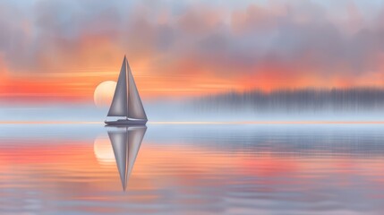   A sailboat floats on tranquil water, framed by a vibrant red and blue sky The sun sets in the backdrop - obrazy, fototapety, plakaty