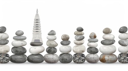   A single white tower rises from the center of a pile of rocks