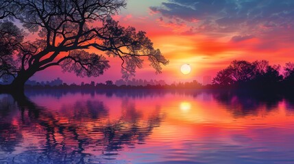 Fototapeta na wymiar A sunset painting with a tree in the foreground and a body of water reflecting its vibrant hues