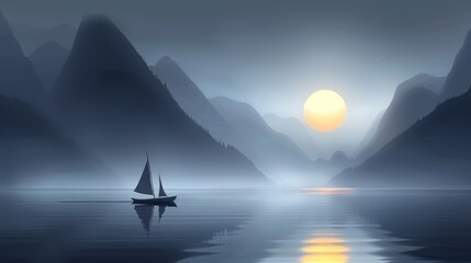   A boat floats on a body of water, near a mountain shrouded in fog In the distance, the sun rises