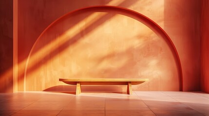   A wooden bench faces a curved archway in this room, lit by a light that illuminates the floor