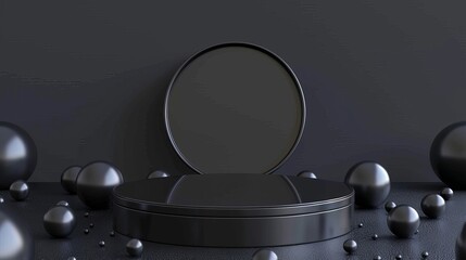 Spherical podium in a void-like black space, abstract and minimal for futuristic gadgets.