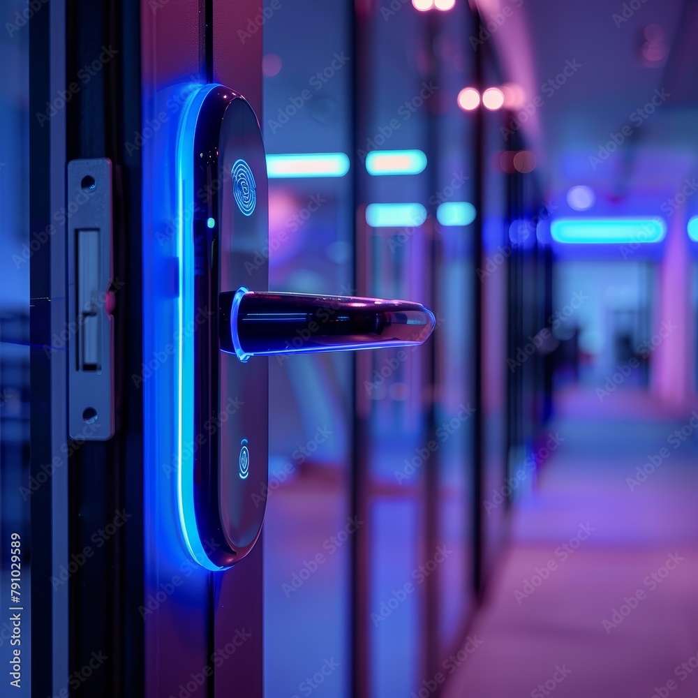 Poster a door handle with a blue light on it