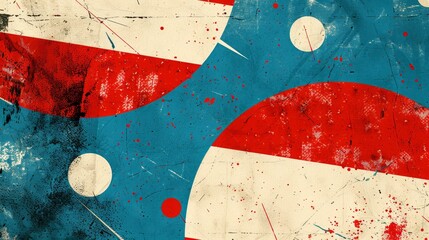   A red, white, and blue painting featuring circular and dot motifs against a blue and white backdrop