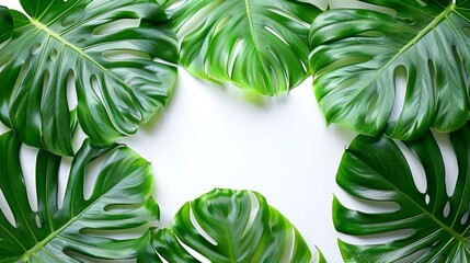   Green tropical leaves against white backdrop Text space on the left side