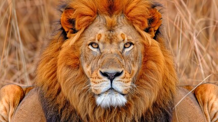   A tight shot of a lion's face amidst a sea of dry grass Background features tall, swaying blades