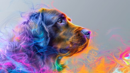   A tight shot of a dog's expressive face adorned with a multicolored smoke smear