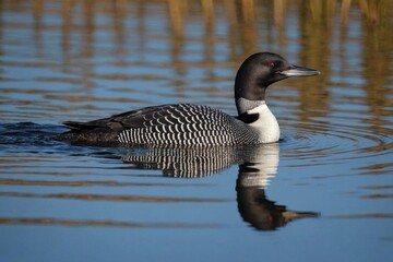 Common loon (gavia immer), also known as the great norther diver, swimming with it's reflection in the tranquil water