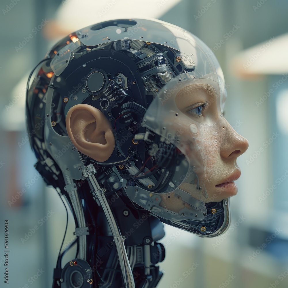 Poster a robot head with a face and a mouth. the robot head is made of metal and has wires coming out of it