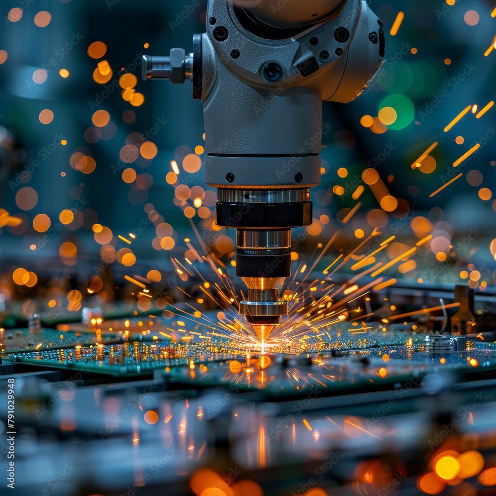 Poster a machine is cutting through a piece of electronic equipment. the sparks and heat from the machine c