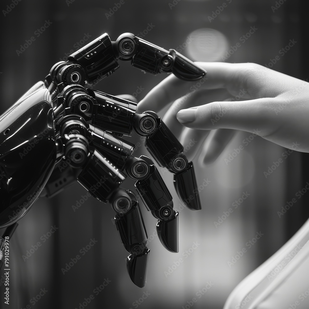 Poster A robot hand is touching a human hand. Concept of connection and interaction between the two entities. The black and white color scheme adds a timeless and futuristic feel to the scene