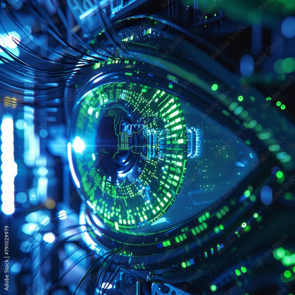 Poster a computer screen shows a green eye with a lot of lines and dots. the eye is surrounded by wires and