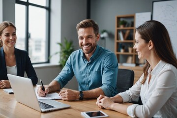 Smiling Male and female entrepreneurs attending meeting at office